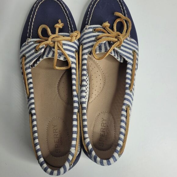 Sperry Blue White Nautical Preppy Classic Slip On Leather Boat Shoes Size 9 - Picture 3 of 7
